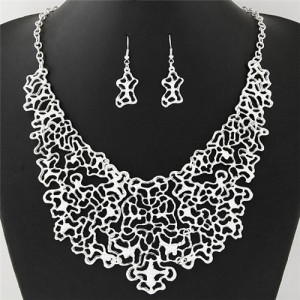 Hollow Style Abstract Flowers and Vines Design Statement Necklace and Earrings Set - Silver
