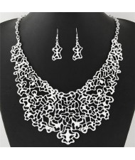 Hollow Style Abstract Flowers and Vines Design Statement Necklace and Earrings Set - Silver