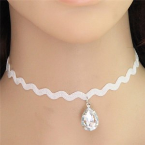 Waterdrop Resin Gem Pendant Wave Pattern Rope Fashion Necklace - White