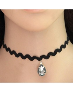 Waterdrop Resin Gem Pendant Wave Pattern Rope Fashion Necklace - Black
