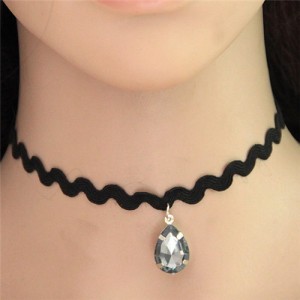 Waterdrop Resin Gem Pendant Wave Pattern Rope Fashion Necklace - Black