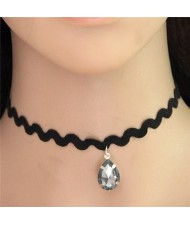 Waterdrop Resin Gem Pendant Wave Pattern Rope Fashion Necklace - Black