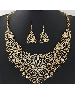 Rhinestone Deocrated Graceful Hollow Vines Design Chunky Fashion Necklace and Earrings Set - Golden