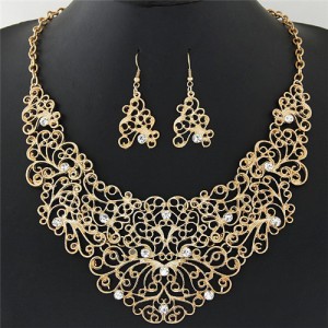 Rhinestone Deocrated Graceful Hollow Vines Design Chunky Fashion Necklace and Earrings Set - Golden