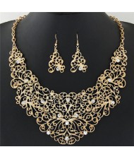 Rhinestone Deocrated Graceful Hollow Vines Design Chunky Fashion Necklace and Earrings Set - Golden