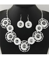 Glass Gem Inlaid Abstract Flowers Chunky Fashion Necklace and Earrings Set - Silver
