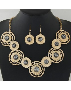 Glass Gem Inlaid Abstract Flowers Chunky Fashion Necklace and Earrings Set - Golden
