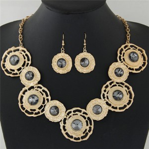 Glass Gem Inlaid Abstract Flowers Chunky Fashion Necklace and Earrings Set - Golden