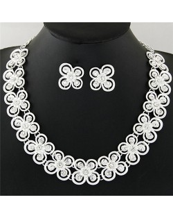 Rhinestones Inlaid Graceful Butterflies Pattern Statement Necklace and Earrings Set - Silver