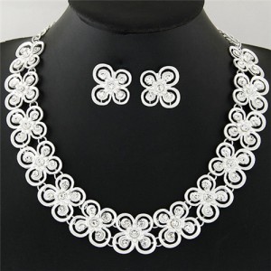 Rhinestones Inlaid Graceful Butterflies Pattern Statement Necklace and Earrings Set - Silver