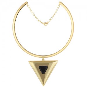 Resin Gem Inlaid Triangle Pendant Golden Alloy Statement Necklace