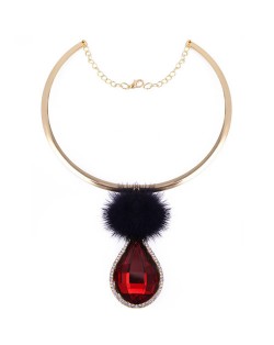 Glass Waterdrop Pendant with Fluffy Ball Design Fashion Necklet - Red