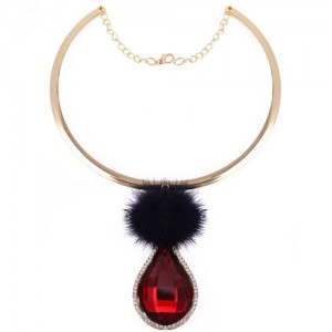 Glass Waterdrop Pendant with Fluffy Ball Design Fashion Necklet - Red