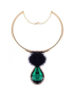 Glass Waterdrop Pendant with Fluffy Ball Design Fashion Necklet - Green