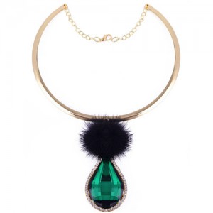 Glass Waterdrop Pendant with Fluffy Ball Design Fashion Necklet - Green