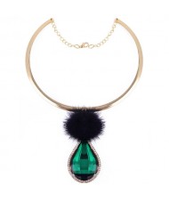 Glass Waterdrop Pendant with Fluffy Ball Design Fashion Necklet - Green