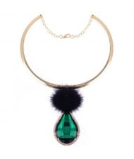 Glass Waterdrop Pendant with Fluffy Ball Design Fashion Necklet - Green