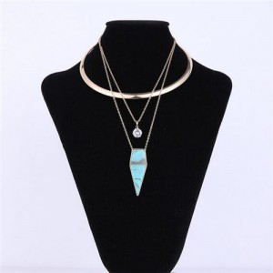 Gem Inlaid and Irregular Shape Artificial Turquoise Pendant Multilayers Alloy Costume Necklet