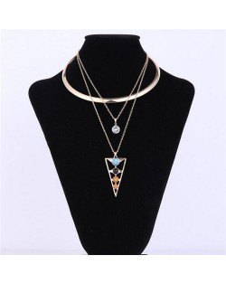 Hollow Multicolor Gems Embellished Triangle and Rhinestone Pendant Golden Necklet