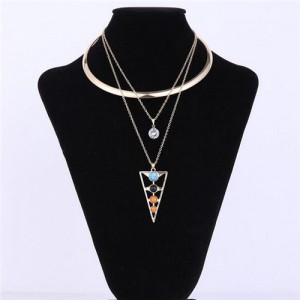 Hollow Multicolor Gems Embellished Triangle and Rhinestone Pendant Golden Necklet