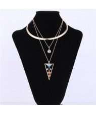 Hollow Multicolor Gems Embellished Triangle and Rhinestone Pendant Golden Necklet