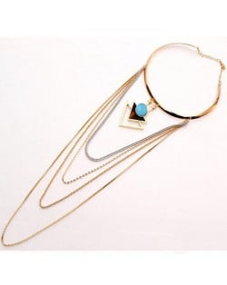 Gem Inlaid Dual Triangles Pendant Multilayers Tassel Alloy Costume Necklet