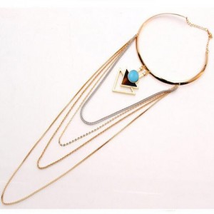 Gem Inlaid Dual Triangles Pendant Multilayers Tassel Alloy Costume Necklet