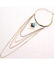 Gem Inlaid Dual Triangles Pendant Multilayers Tassel Alloy Costume Necklet