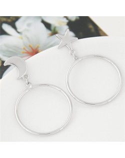 Korean Fashion Star and Moon Big Hoop Alloy Earrings - Silver