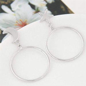 Korean Fashion Star and Moon Big Hoop Alloy Earrings - Silver
