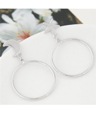 Korean Fashion Star and Moon Big Hoop Alloy Earrings - Silver