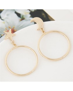 Korean Fashion Star and Moon Big Hoop Alloy Earrings - Golden