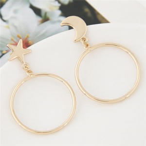 Korean Fashion Star and Moon Big Hoop Alloy Earrings - Golden