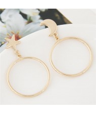 Korean Fashion Star and Moon Big Hoop Alloy Earrings - Golden