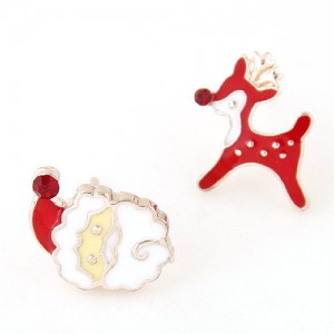 Santa Claus and Deer Asymmetric Design Fashion Ear Studs