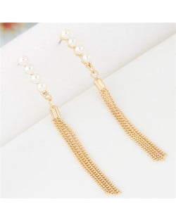 Pearls Inlaid Sweet Dangling Tassel Design Fashion Earrings - Golden