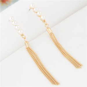 Pearls Inlaid Sweet Dangling Tassel Design Fashion Earrings - Golden
