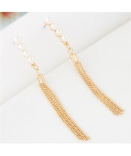 Pearls Inlaid Sweet Dangling Tassel Design Fashion Earrings - Golden