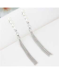 Pearls Inlaid Sweet Dangling Tassel Design Fashion Earrings - Silver