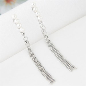 Pearls Inlaid Sweet Dangling Tassel Design Fashion Earrings - Silver