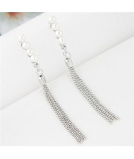 Pearls Inlaid Sweet Dangling Tassel Design Fashion Earrings - Silver