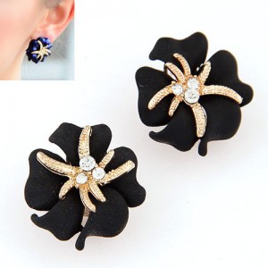 Golden Petal Morning Glory Fashion Ear Studs - Black