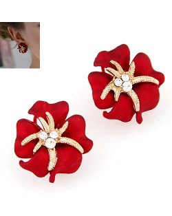 Golden Petal Morning Glory Fashion Ear Studs - Red