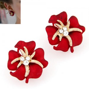 Golden Petal Morning Glory Fashion Ear Studs - Red