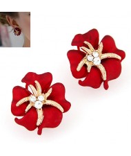 Golden Petal Morning Glory Fashion Ear Studs - Red