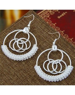 Wire Embellished Connected Silver Hoops Fashion Earrings