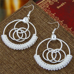 Wire Embellished Connected Silver Hoops Fashion Earrings