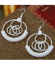 Wire Embellished Connected Silver Hoops Fashion Earrings
