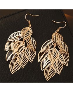 Hollow Cutout Alloy Leaves Design Costume Fashion Earrings - Golden