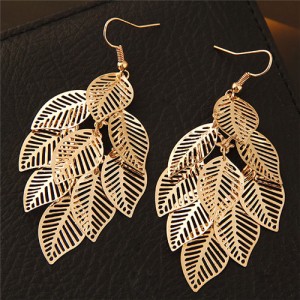 Hollow Cutout Alloy Leaves Design Costume Fashion Earrings - Golden